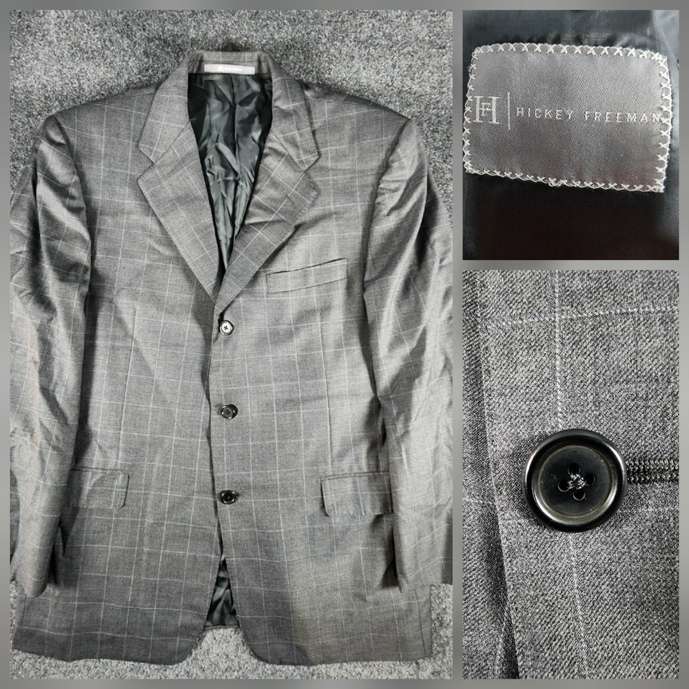 Hickey‎ Freeman Madison Gray Windowpane Wool Blazer Jacket Sport Coat Men's 42S